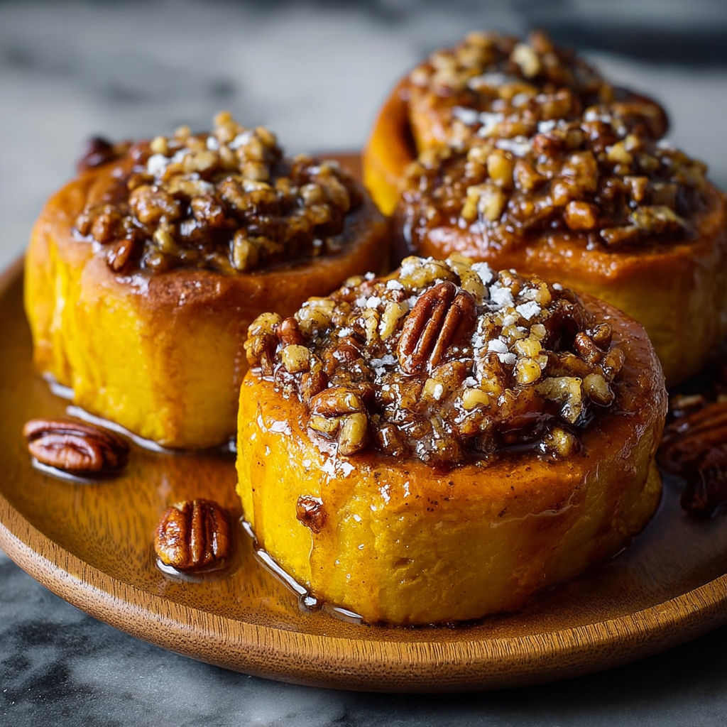 Three pieces of spiced pumpkin pecan sticky buns.