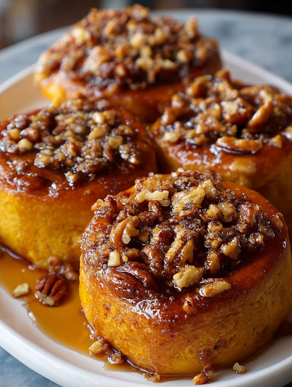 Three pieces of spiced pumpkin pecan sticky buns.