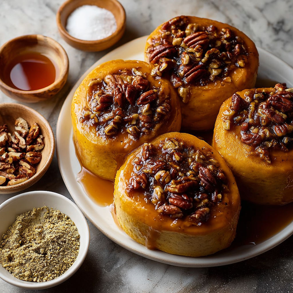 A plate of spiced pumpkin pecan sticky buns.