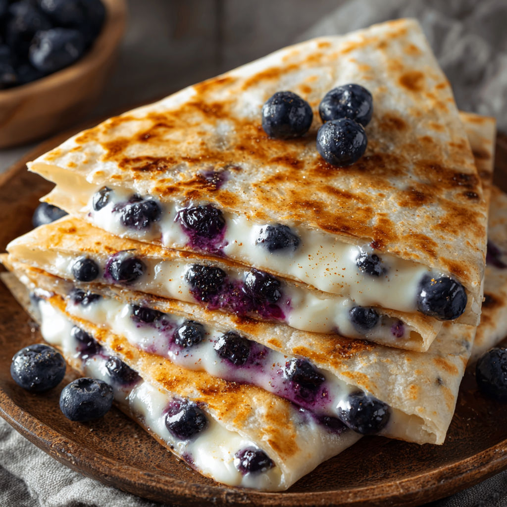 A delicious blueberry breakfast quesadilla.