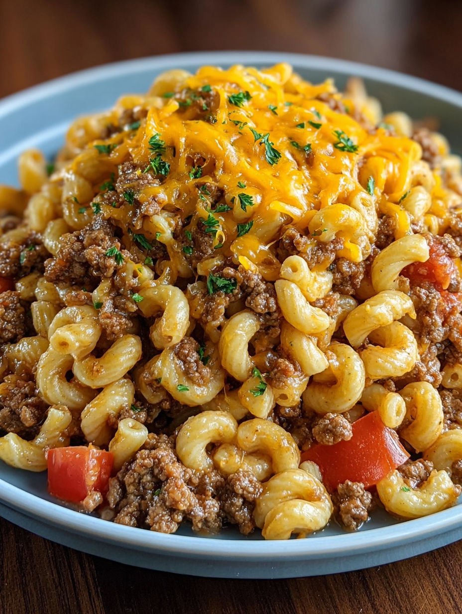 A plate of Hamburger Helper with cheese and tomatoes.
