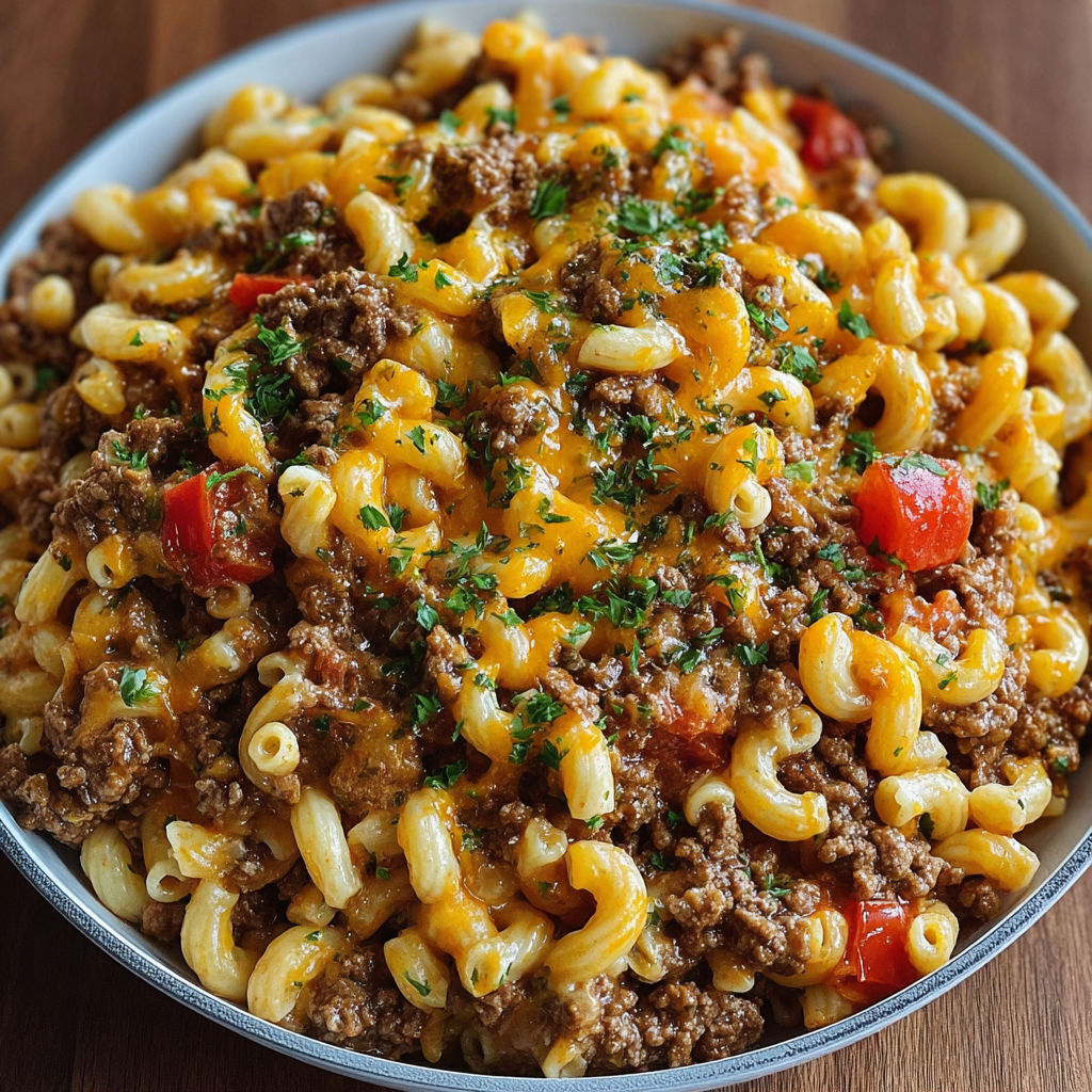 A bowl of macaroni and cheese with meat and tomatoes.