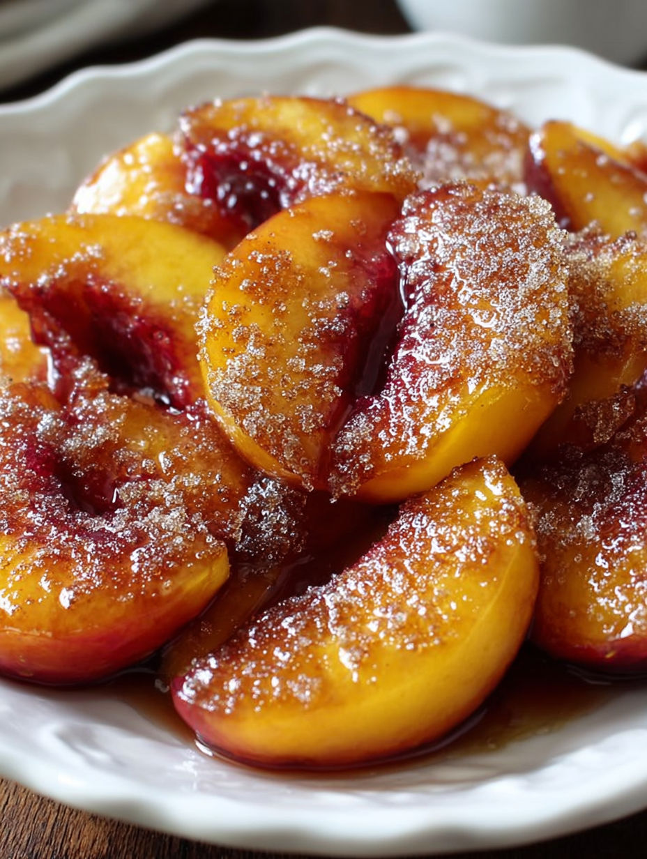A plate of peaches covered in brown sugar.