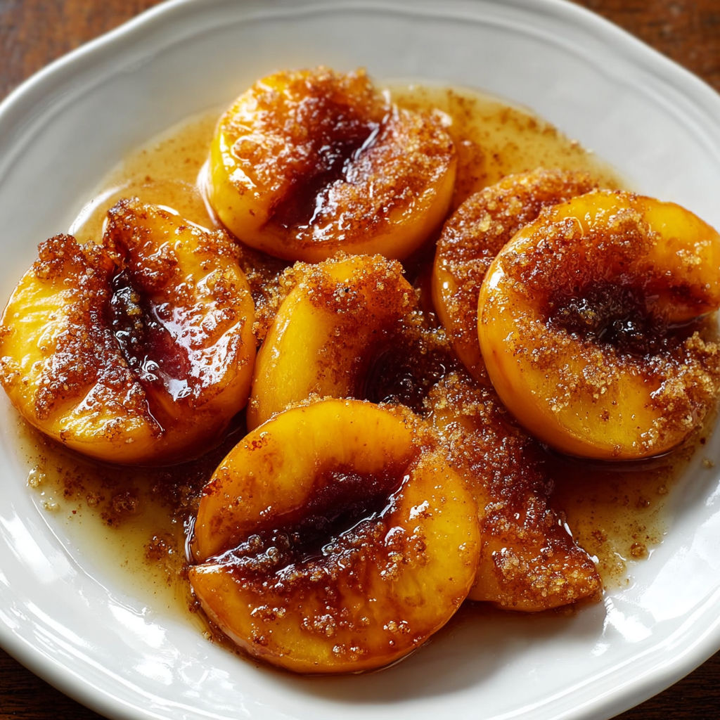 A plate of peaches covered in brown sugar.