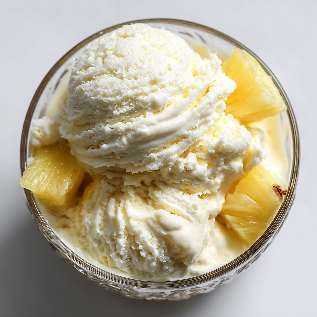 A scoop of pineapple ice cream in a glass.
