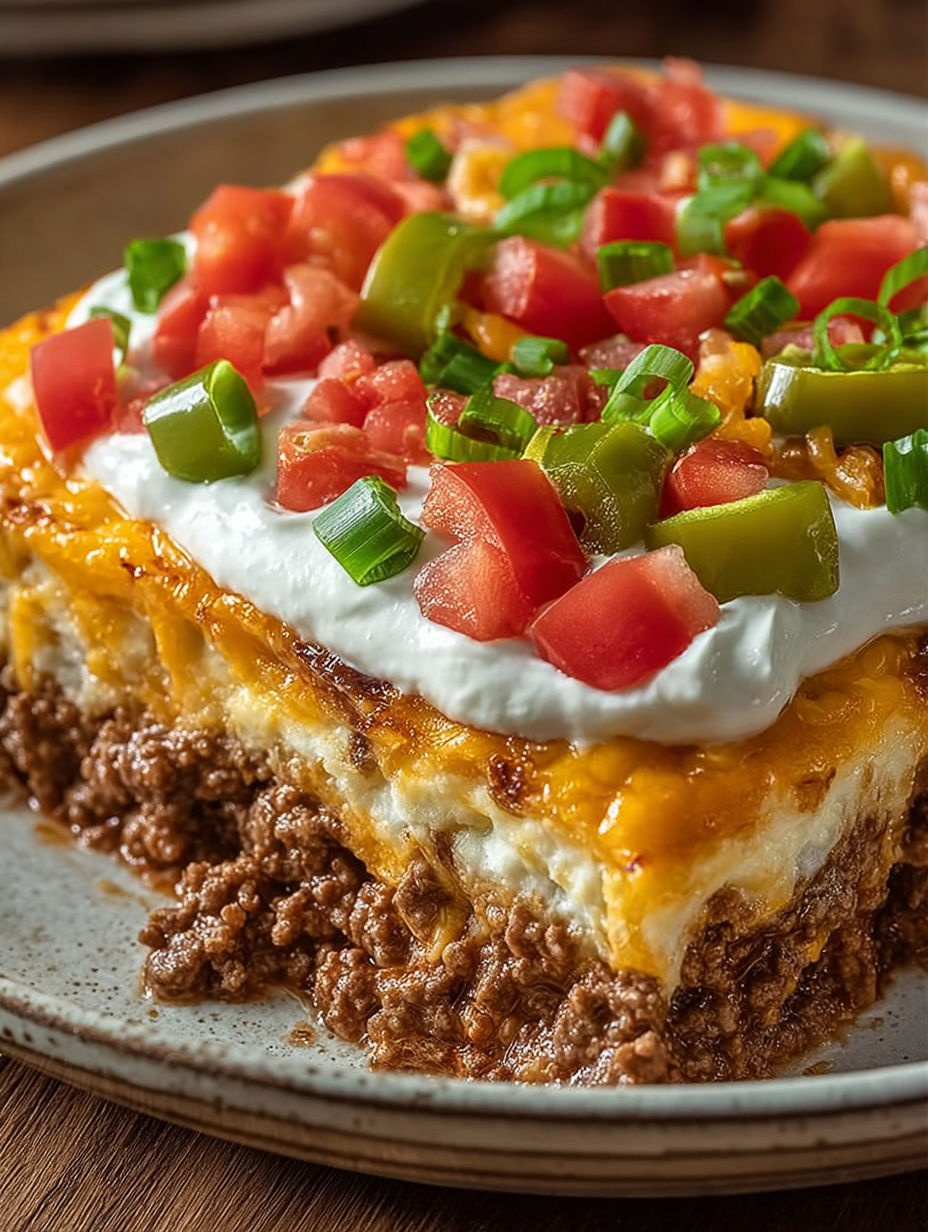 A John Wayne Casserole Bake with tomatoes, cheese, and chives.