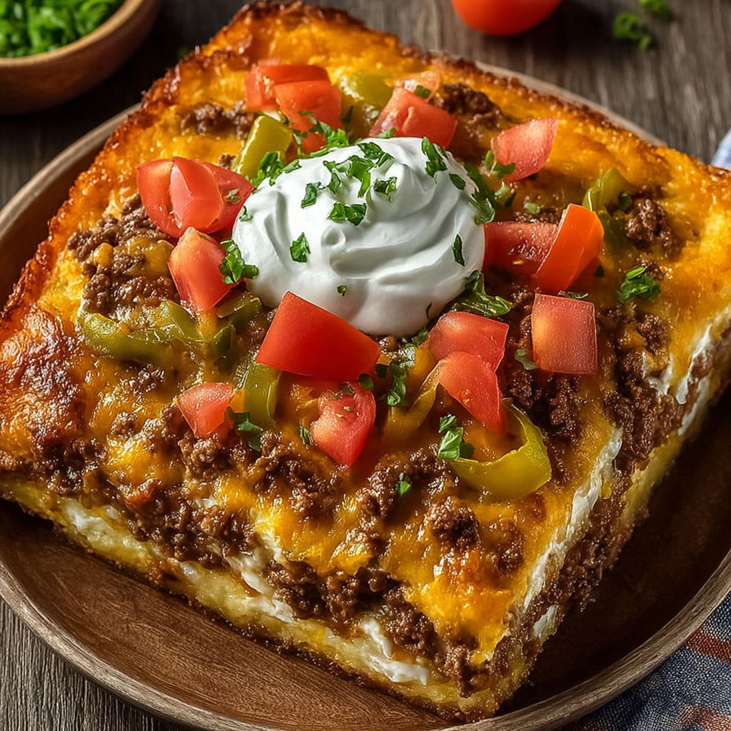 A John Wayne Casserole Bake with tomatoes and cheese.