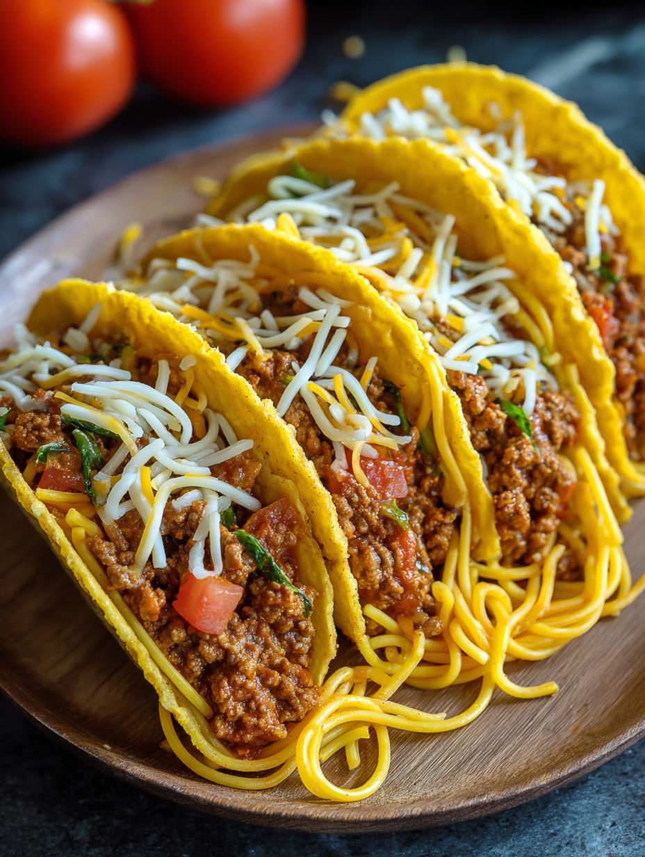A plate of spaghetti tacos with ground beef.