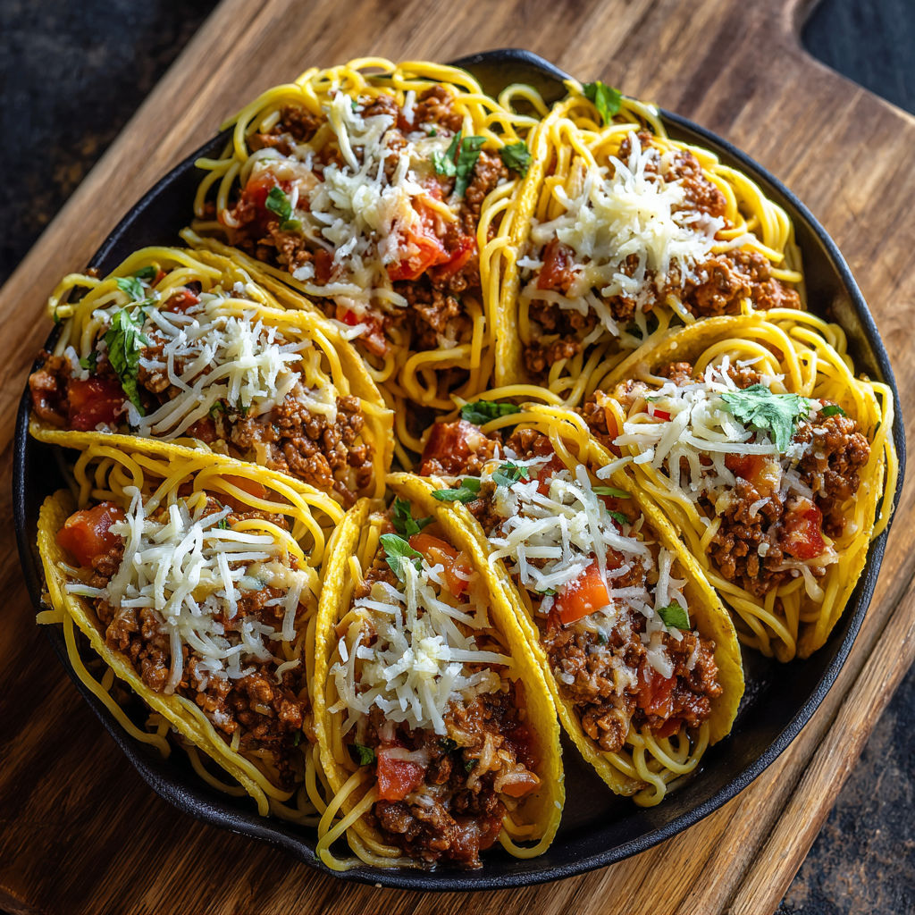 A plate of spaghetti tacos with ground beef.