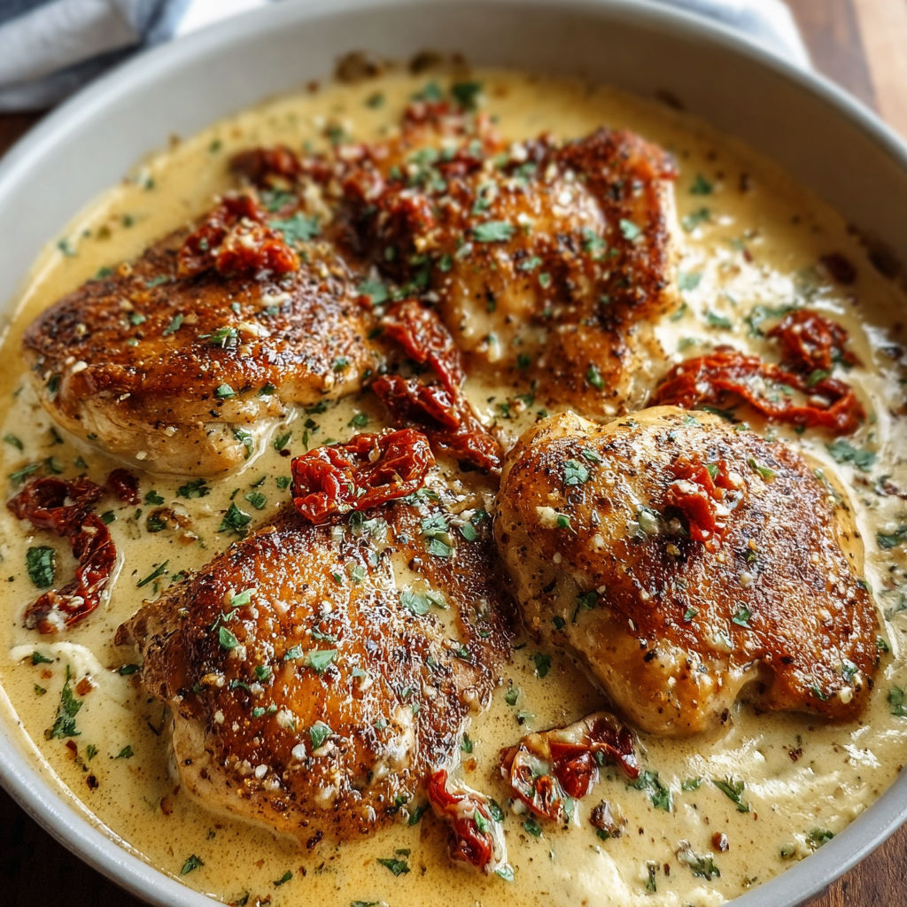 A bowl of chicken covered in creamy parmesan.