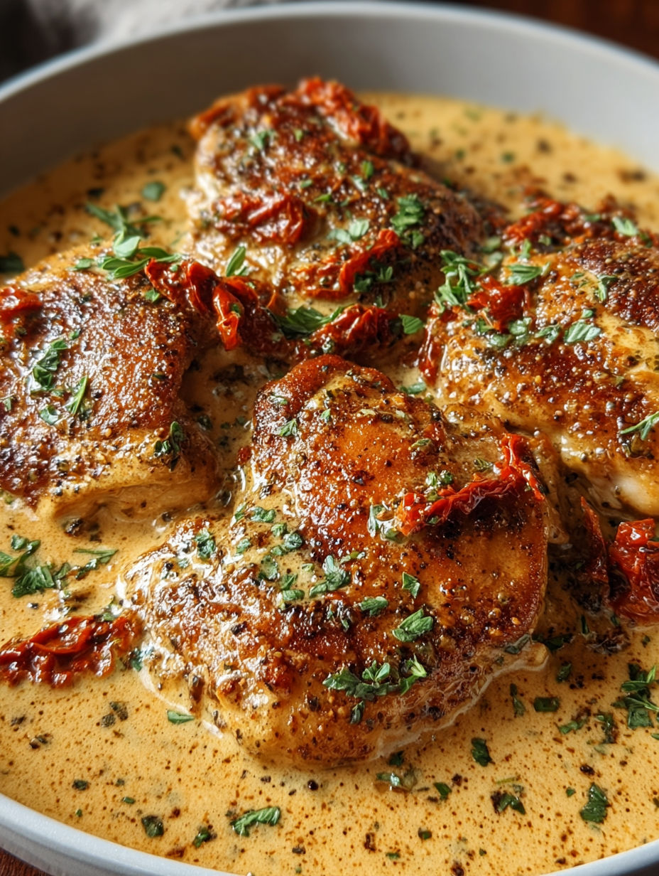 A dish of chicken covered in creamy Parmesan sauce.