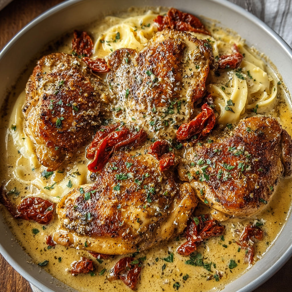 A plate of chicken covered in creamy Parmesan.
