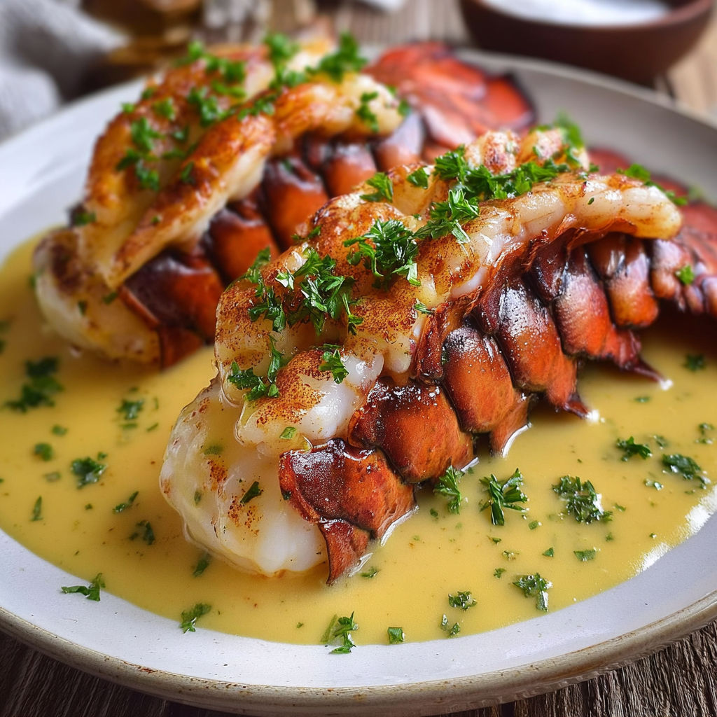 A plate of lobster with garlic cream and butter seared.