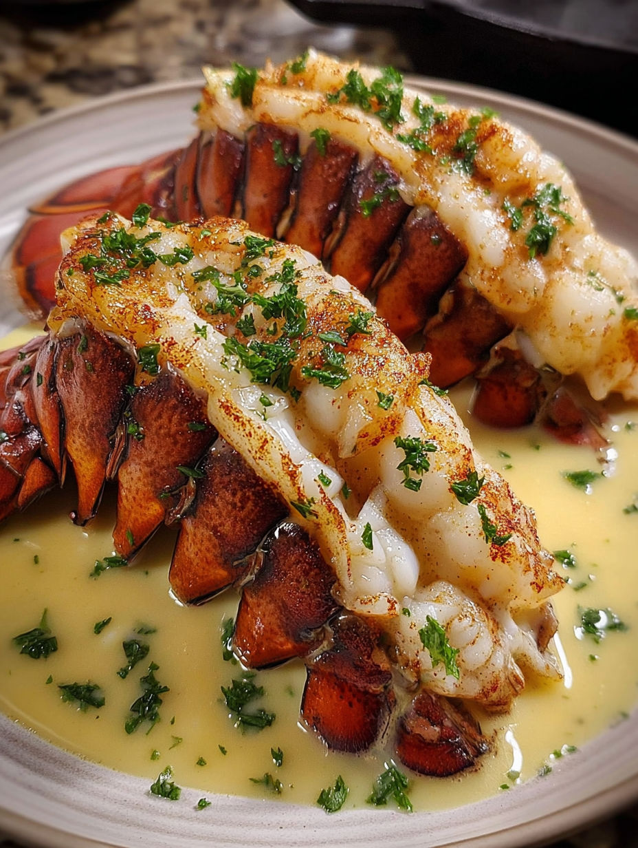 A plate of lobster with garlic cream and butter seared.