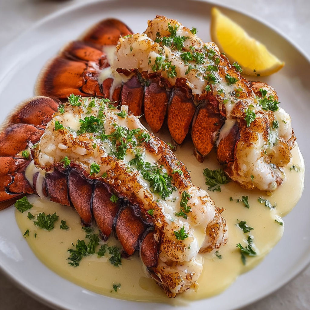 A plate of lobster with garlic cream and butter seared.