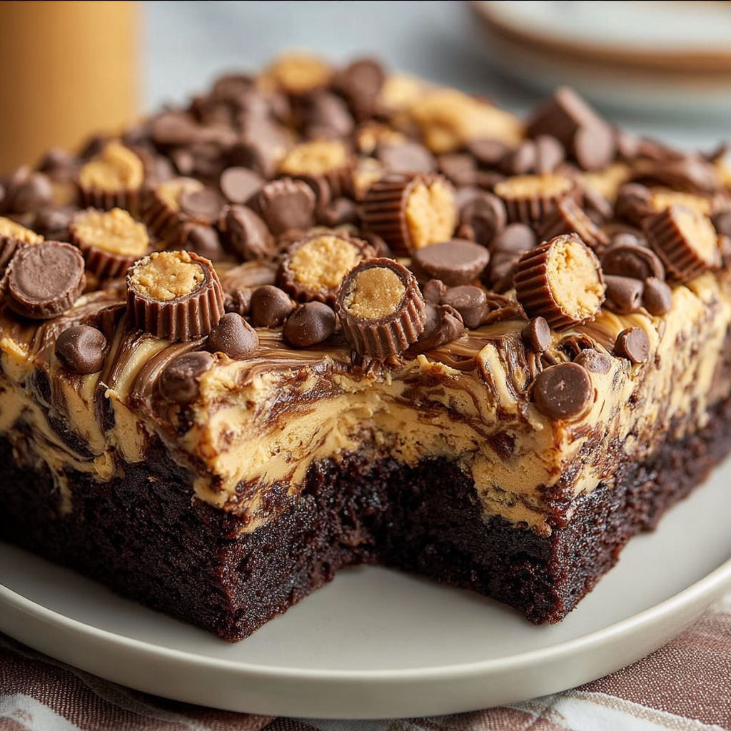 A slice of a Reese's Peanut Butter Earthquake cake.