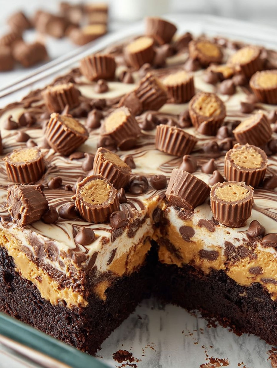 A slice of a Reese's Peanut Butter Earthquake cake.