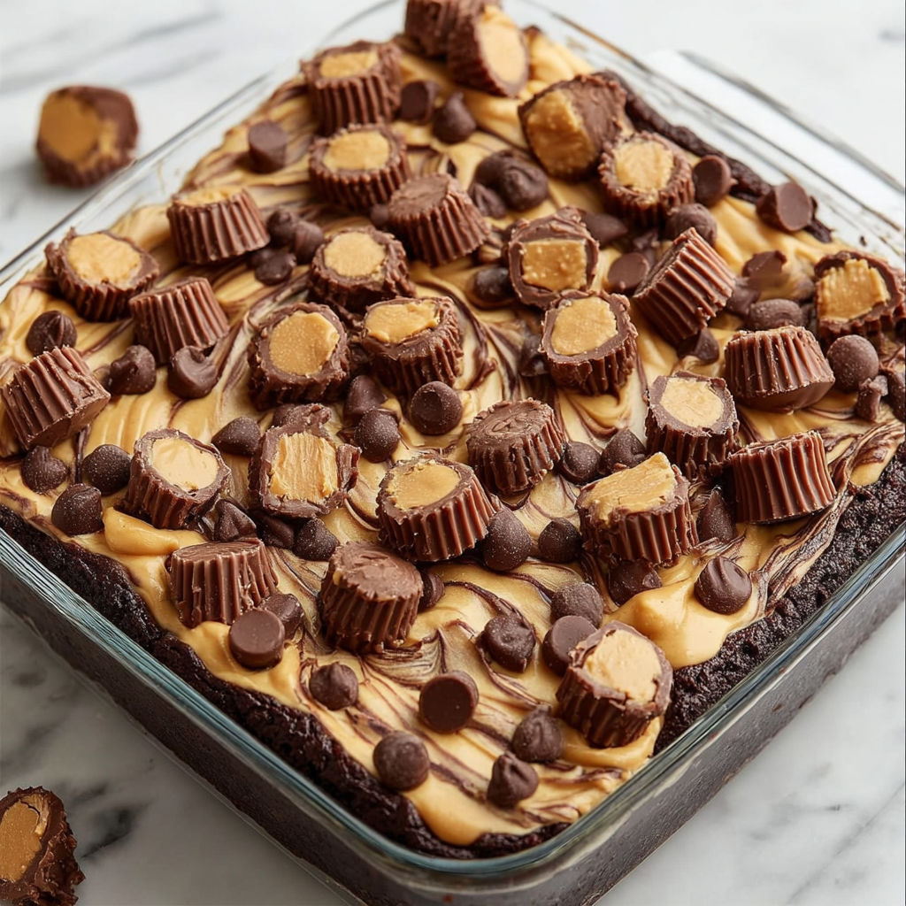 A square dish of Reese's Peanut Butter Earthquake.