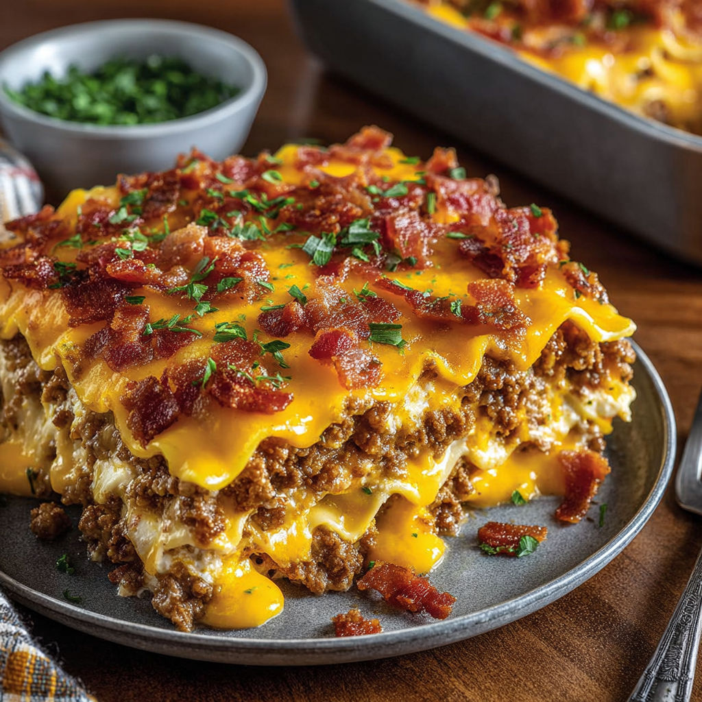 A pan of bacon cheeseburger lasagna.
