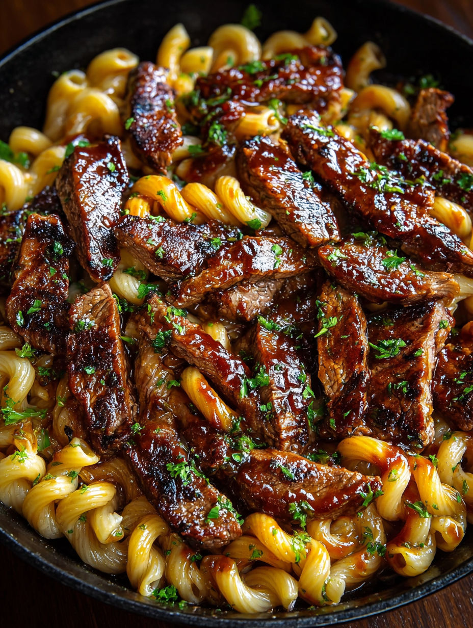 A close up of a delicious one pot smoky honey BBQ steak.