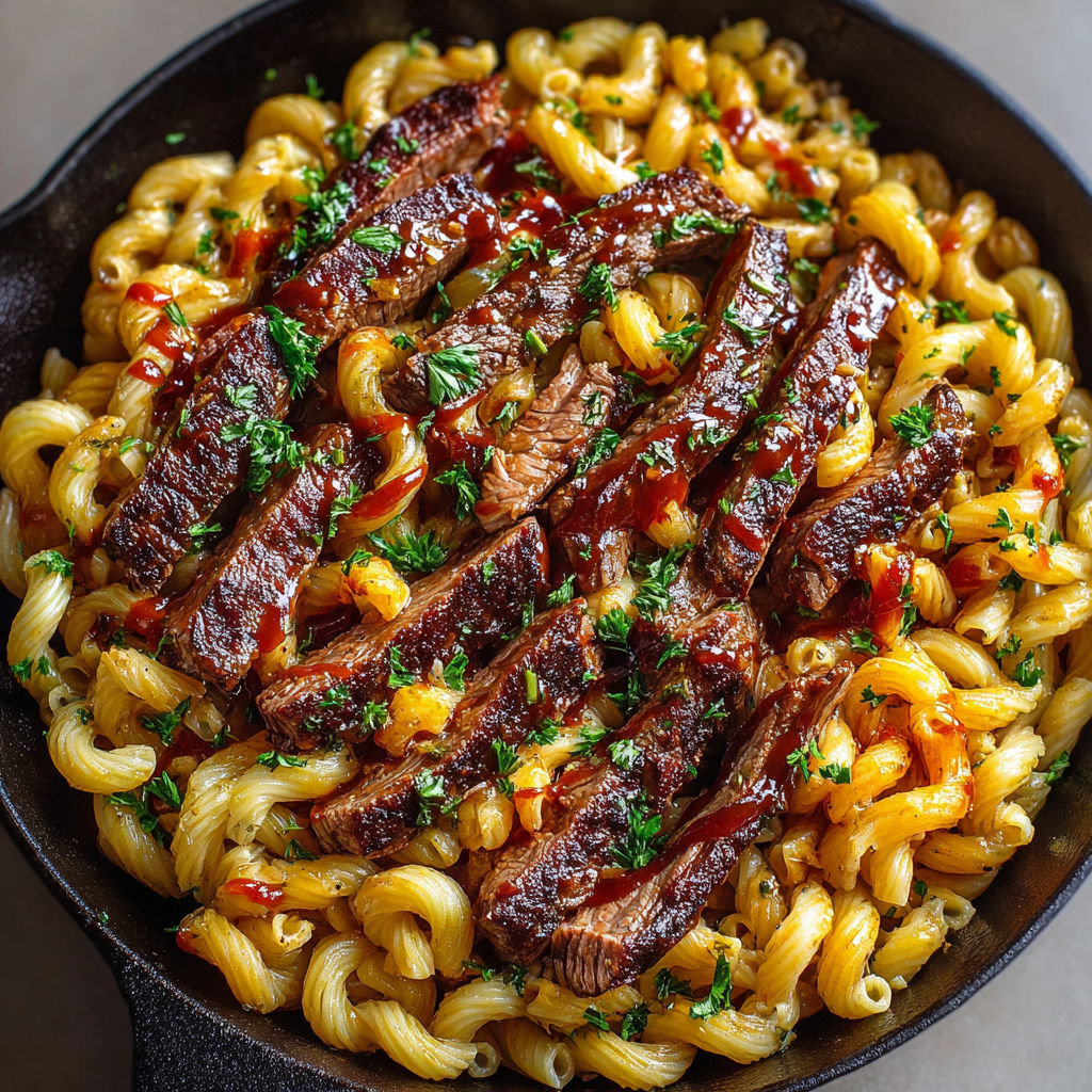 A close up of a delicious one pot smoky honey BBQ steak.