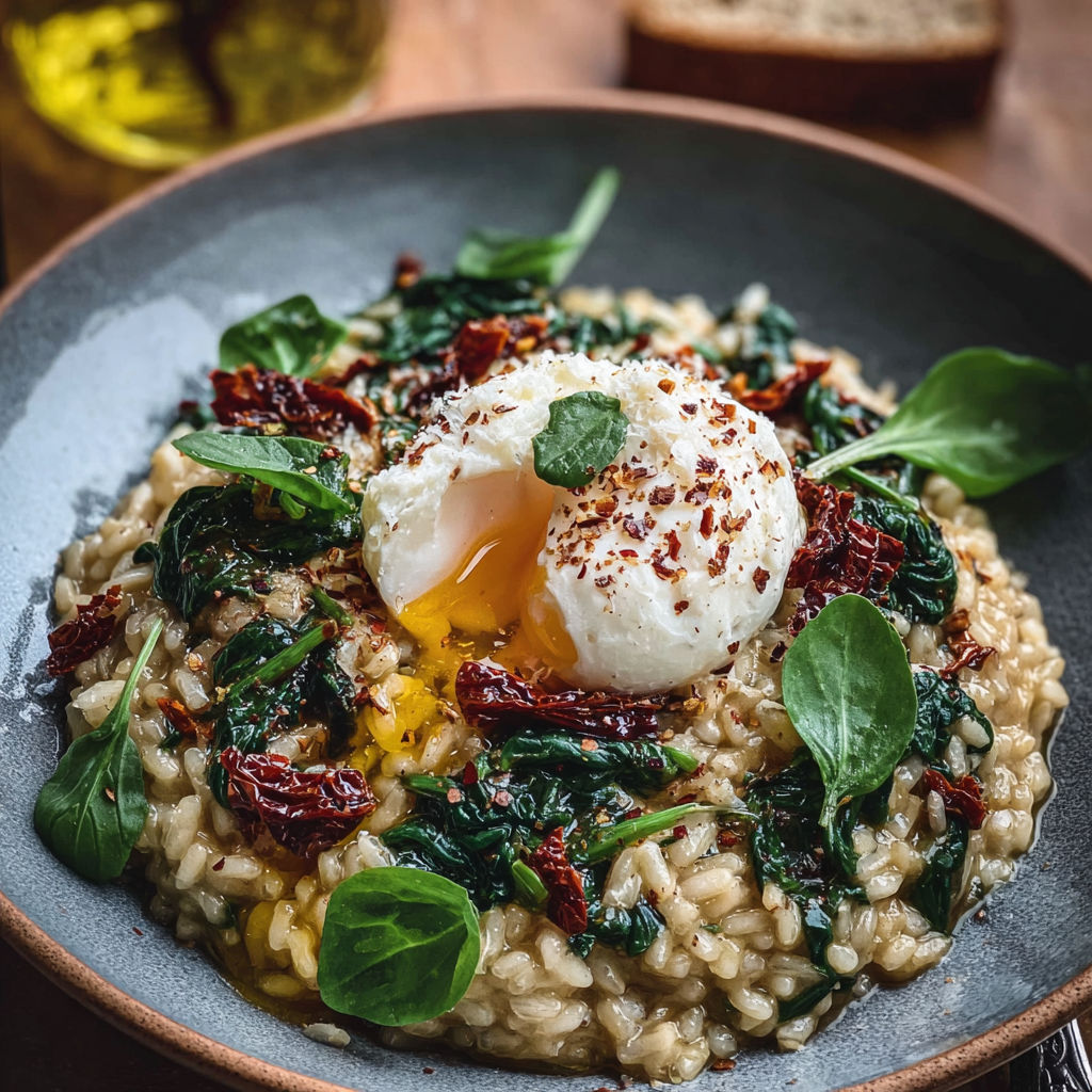A bowl of spinach and sun dried tomato burrata.