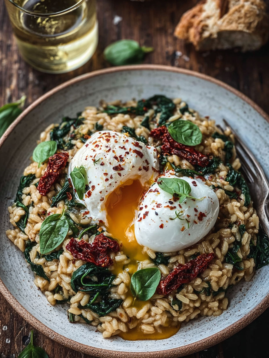A bowl of rice with eggs and spinach.
