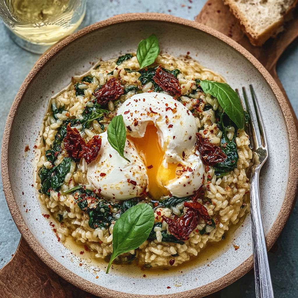 A bowl of food with spinach, sun dried tomato and burrata.