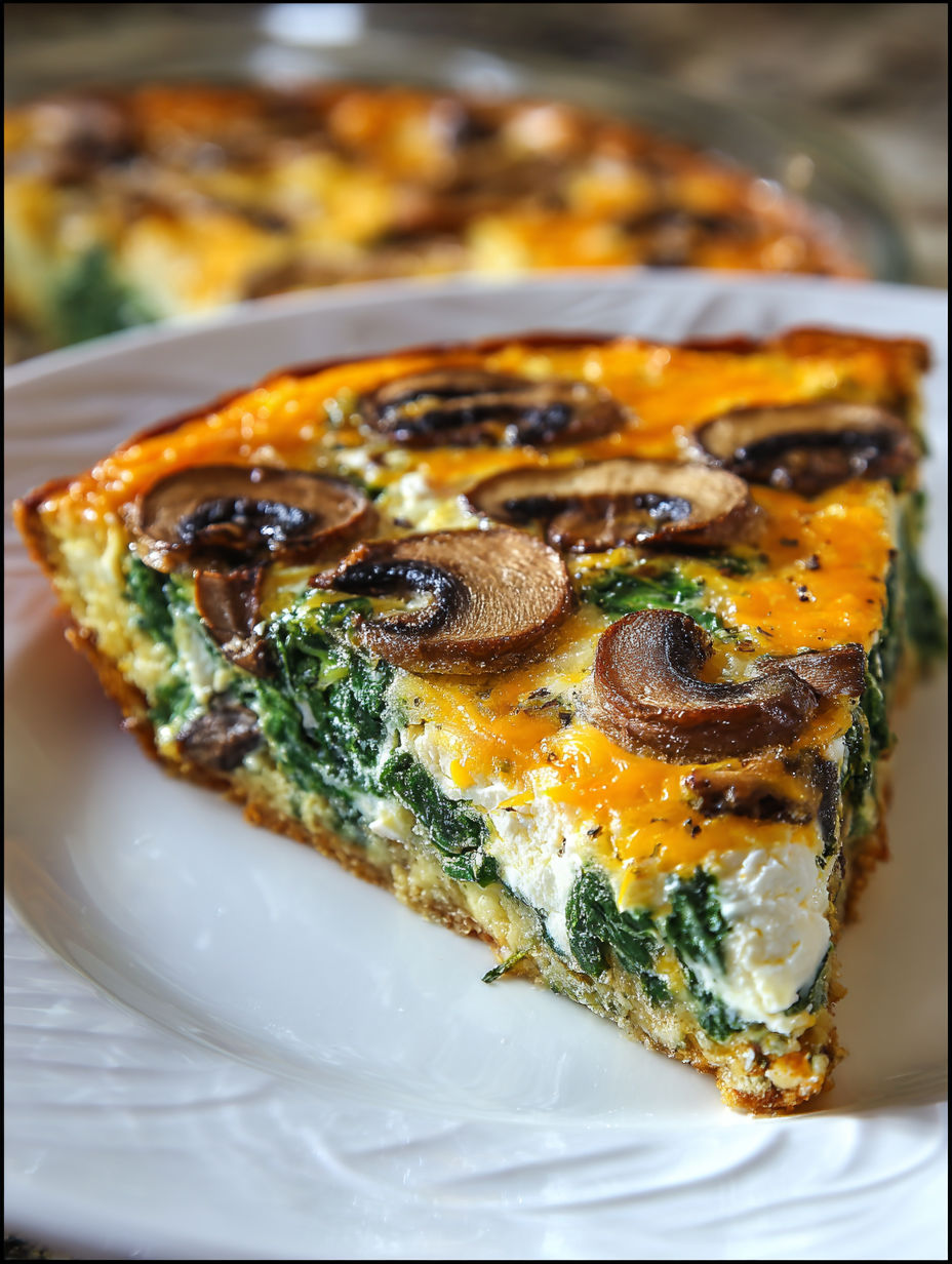 A slice of a quiche with mushrooms and spinach.