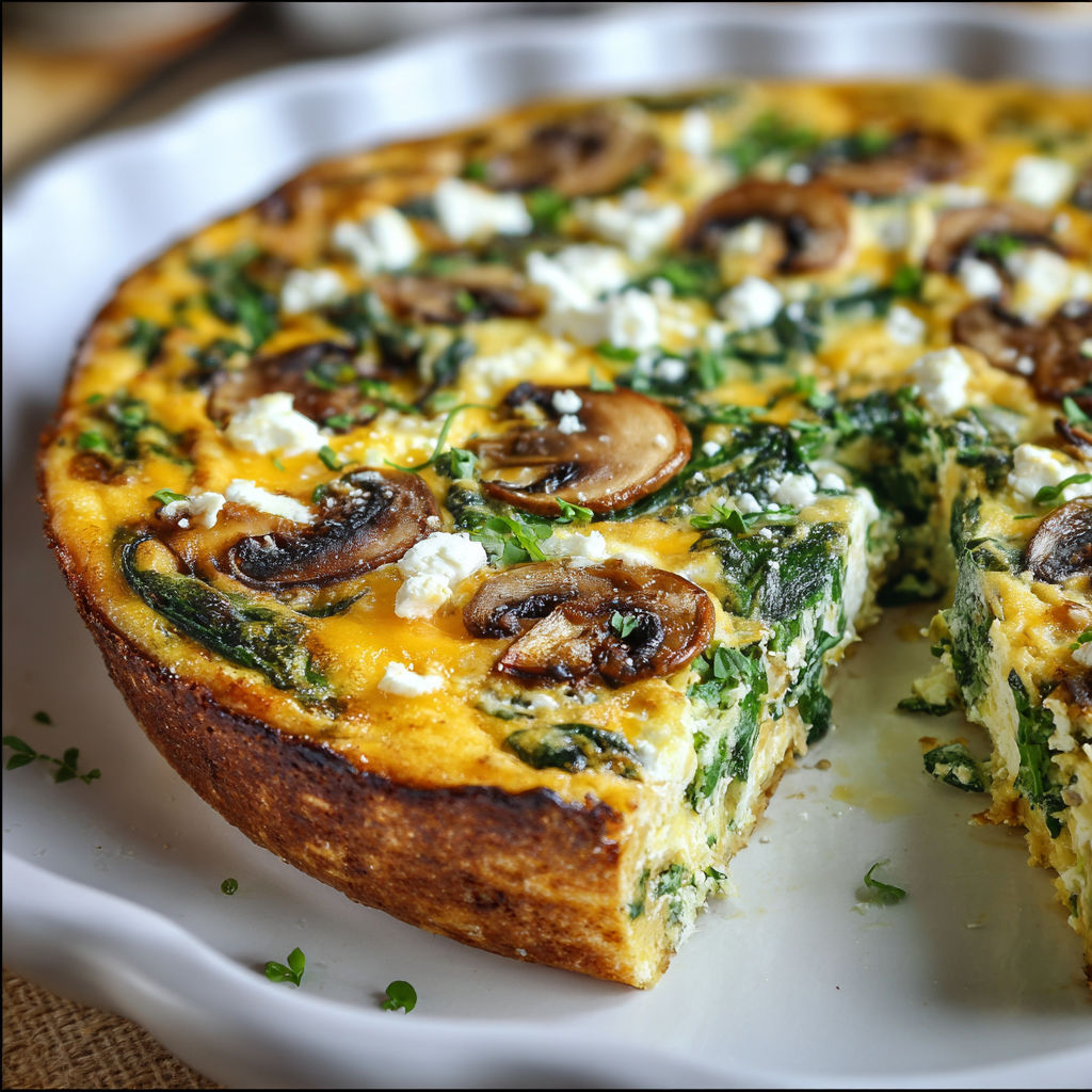 A slice of a quiche with mushrooms and spinach.