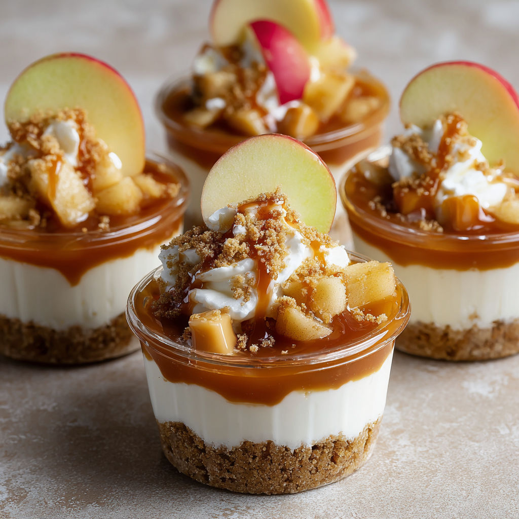 Four cups of caramel apple dessert.