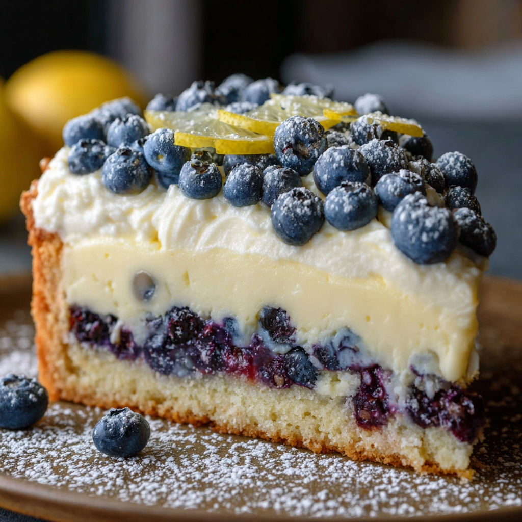 A slice of blueberry lemon creme cake.
