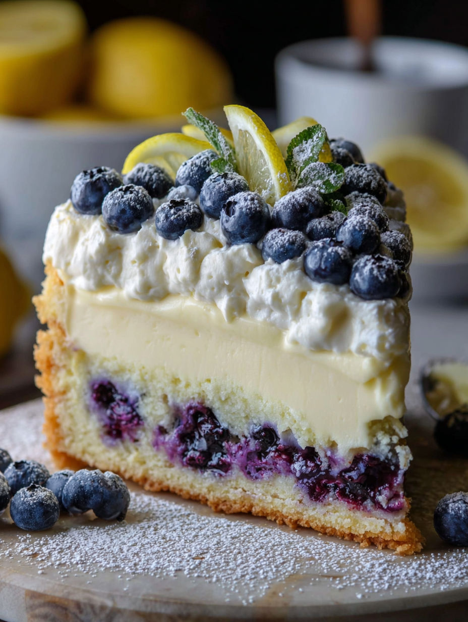 A slice of blueberry lemon creme cake.