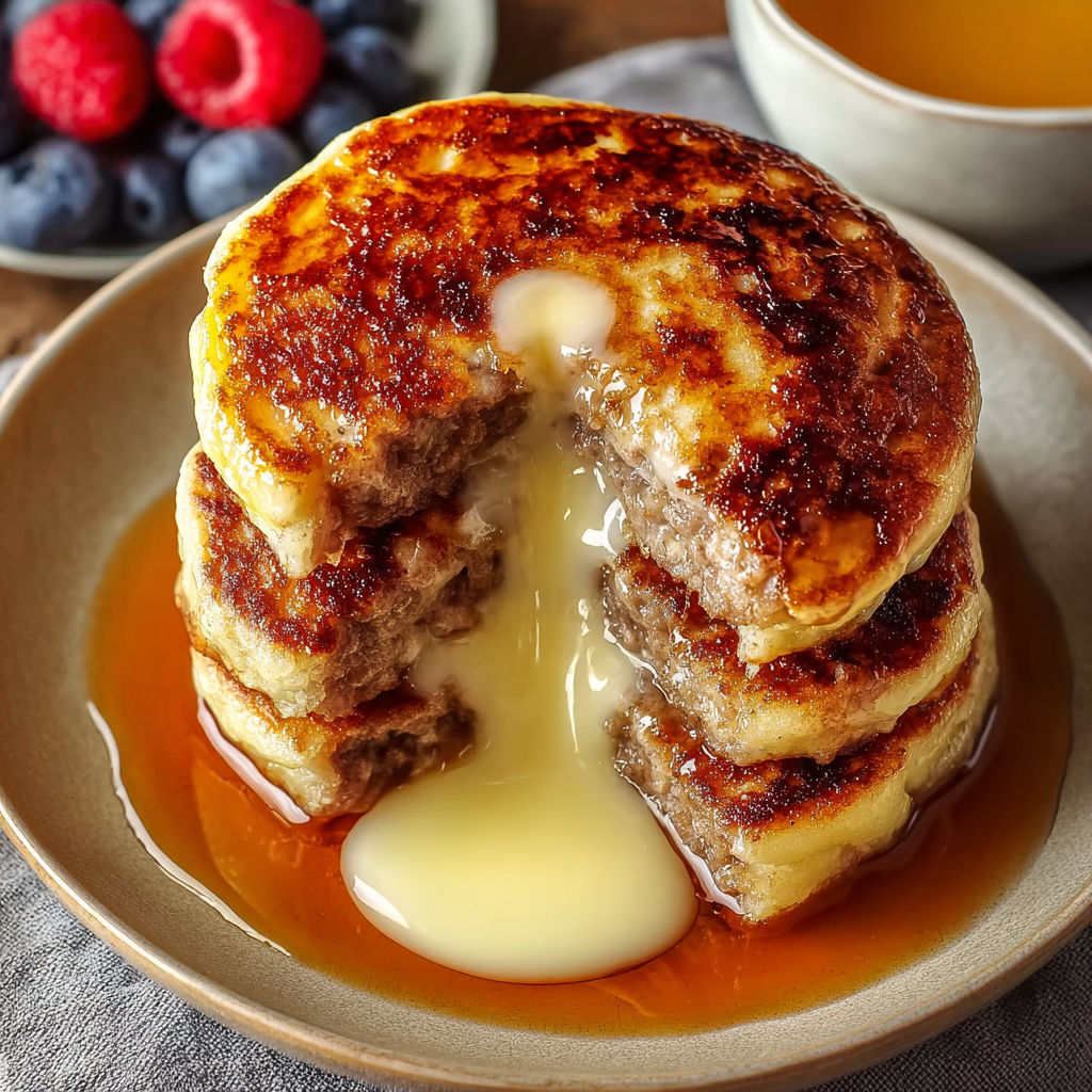 A stack of pancakes with butter and syrup.