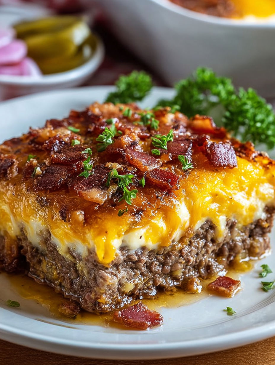 A close up of a bacon cheeseburger casserole.