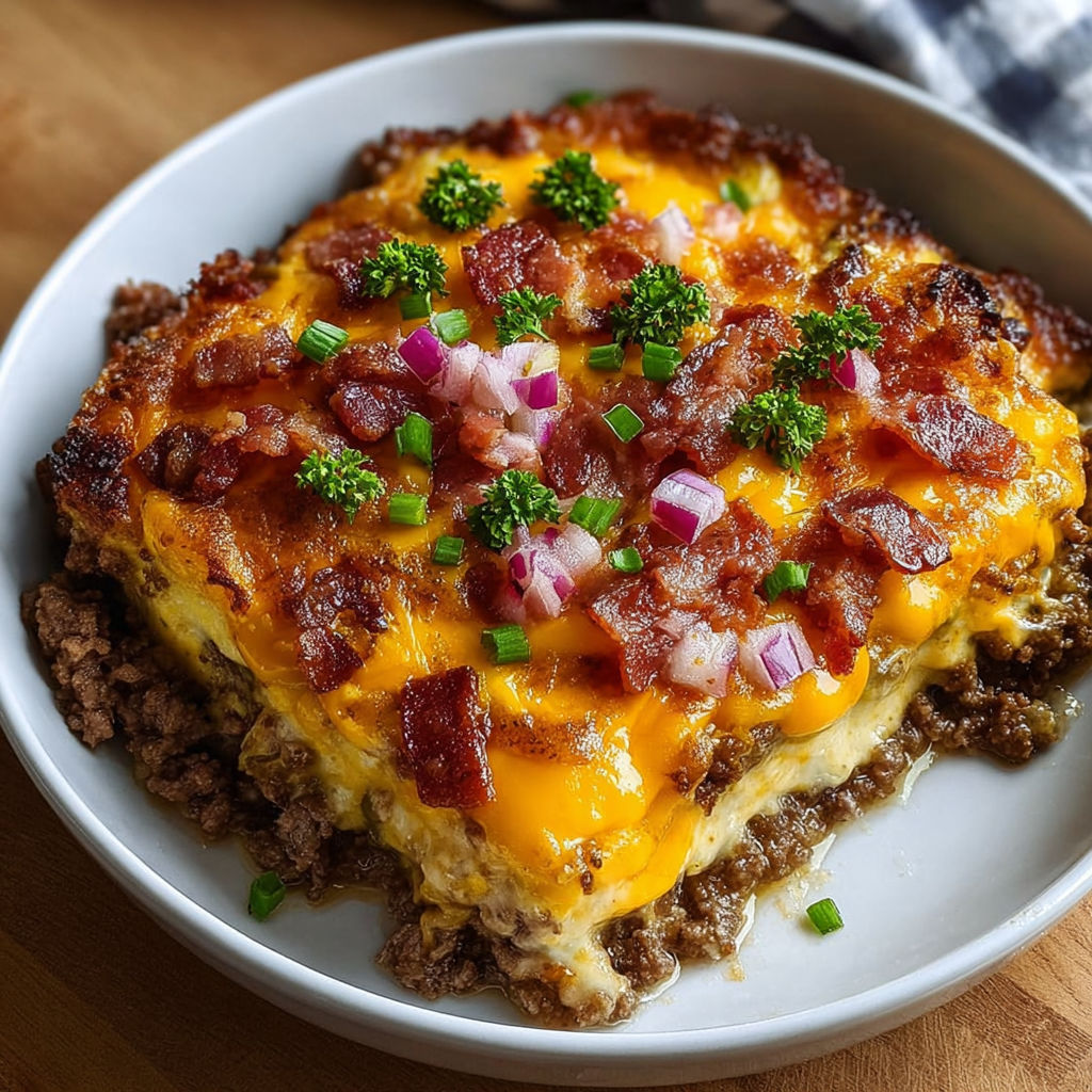 A low carb bacon cheeseburger casserole on a white plate.