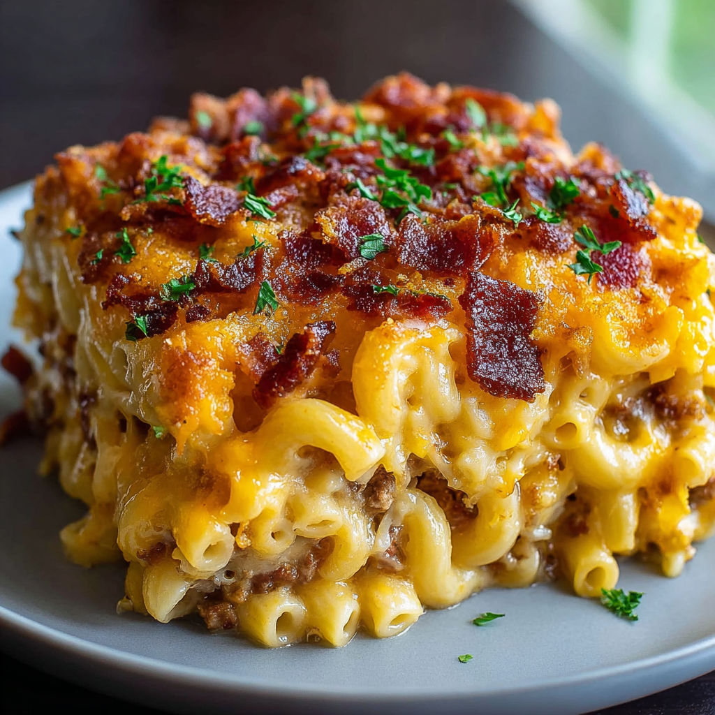 A plate of macaroni and cheese with bacon on top.