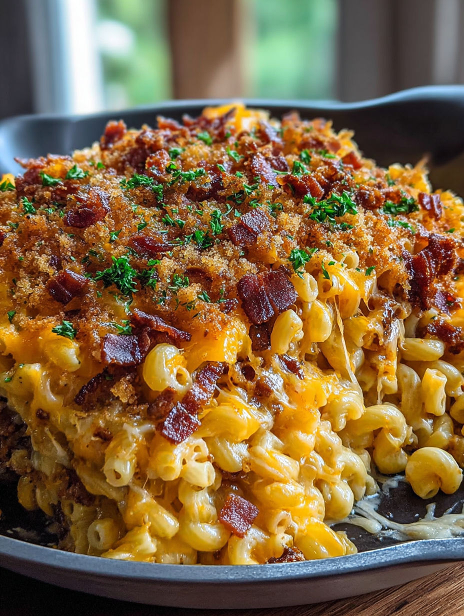 A close up of a delicious mac and cheese dish.