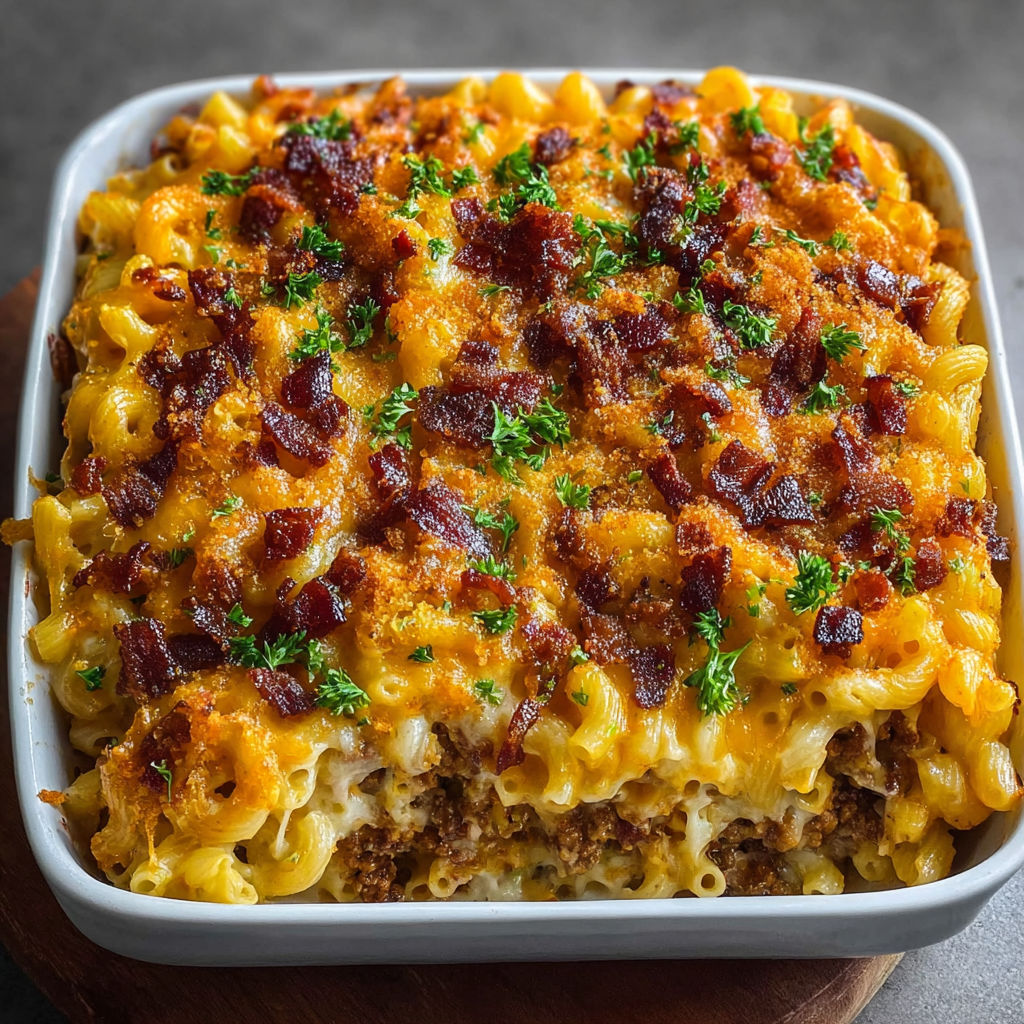 A close up of a baked dish with bacon and cheese.
