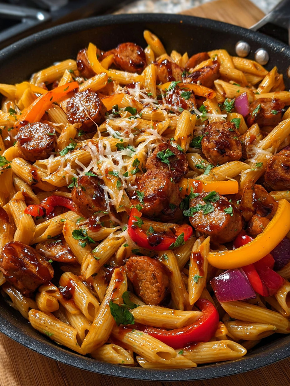 A dish of Sweet Chili BBQ Sausage Pasta.