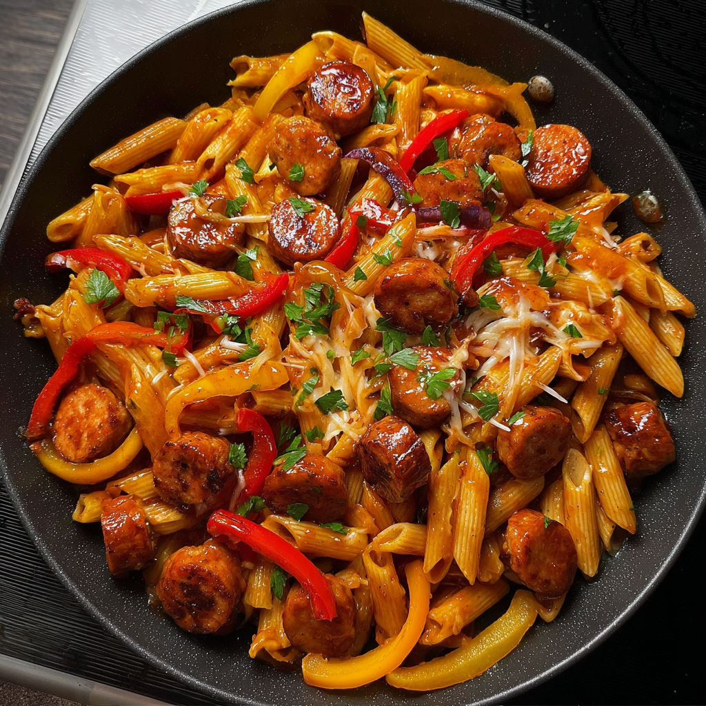 A plate of Sweet Chili BBQ Sausage Pasta.