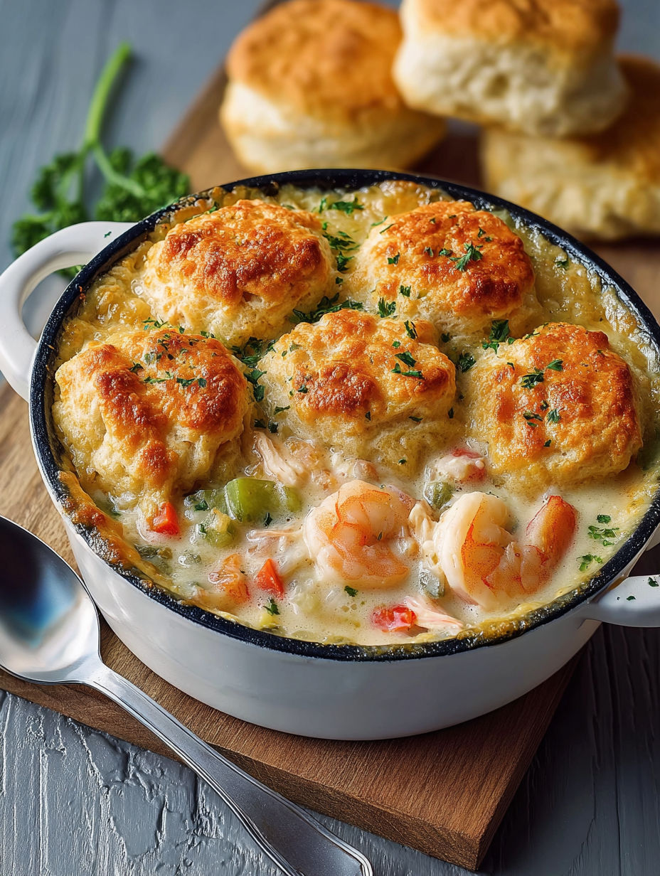 A bowl of Cheddar Bay Seafood Pie.