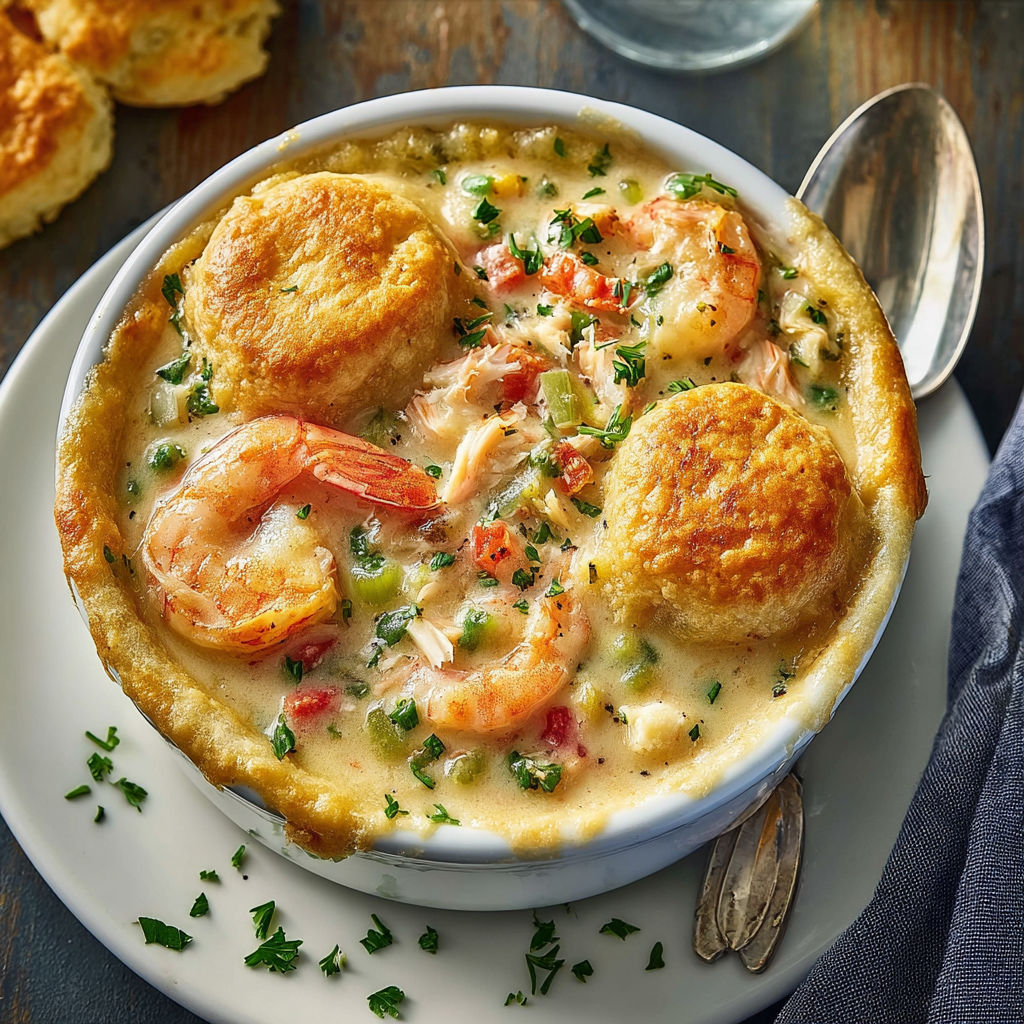 A bowl of Cheddar Bay Seafood Pie.