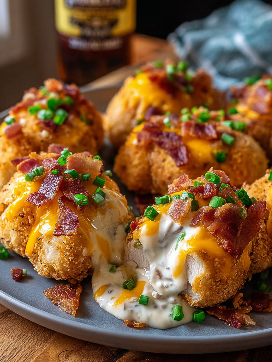 A plate of bacon and cheese covered chicken.