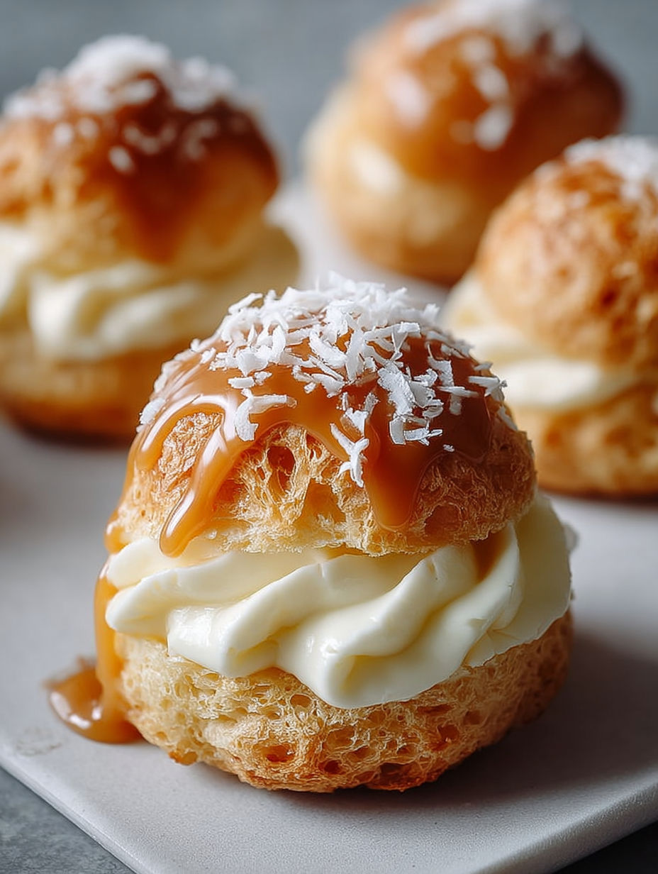 Coconut Caramel Cream Puffs.
