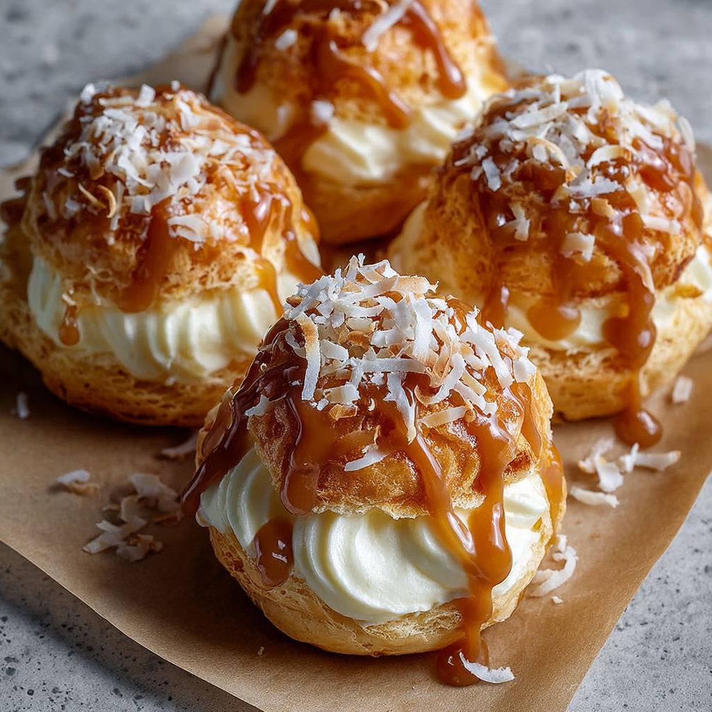 Three coconut caramel cream puffs on a plate.