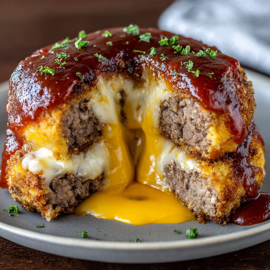 A cheeseburger lava cake with melted cheese.