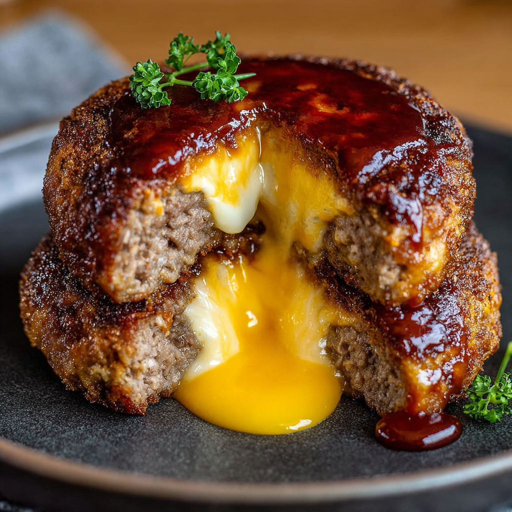 A cheeseburger with a bubble of melted cheese in the middle.