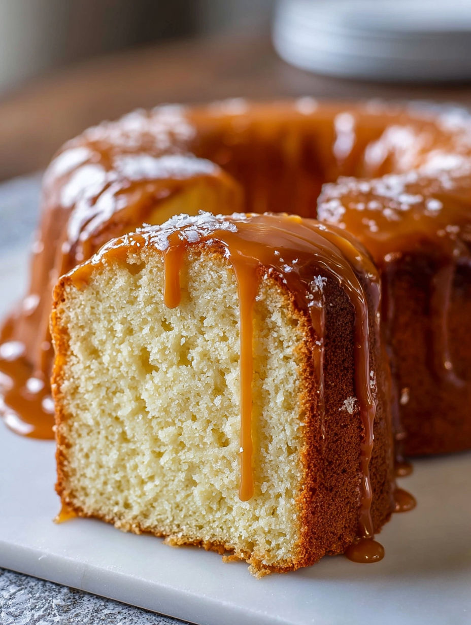 A slice of caramel cream cheese pound cake.