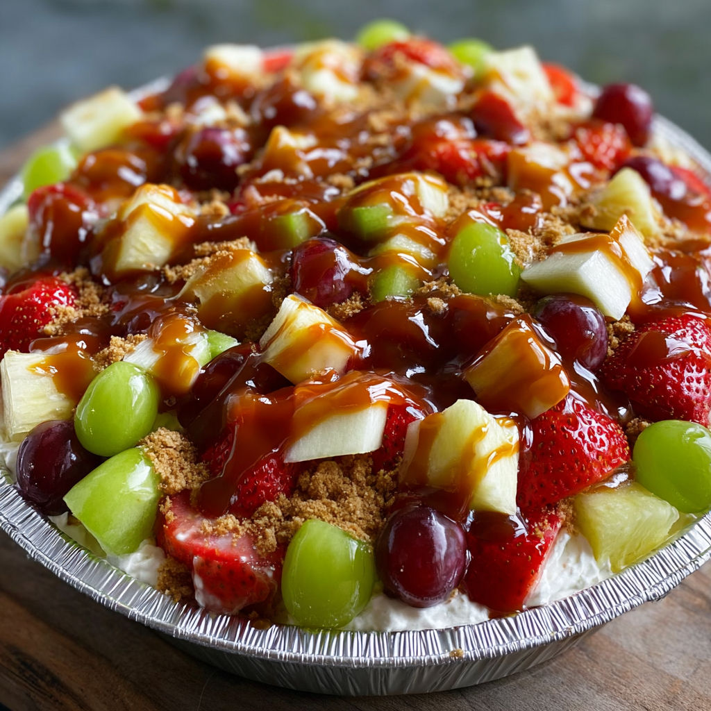 A cheesecake fruit salad with caramel topping.